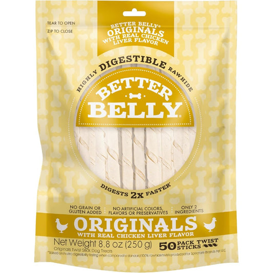 Better Belly Originals Chicken Liver Flavor Twist Sticks Highly Digestible Rawhide Dog Chews 50 Count 8.8 Ounces