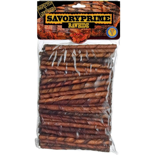 Savory Prime 100-Pack Basted Twist Sticks 5-Inch Brown All Natural Beef Hide Rawhide Dental Dog Treats