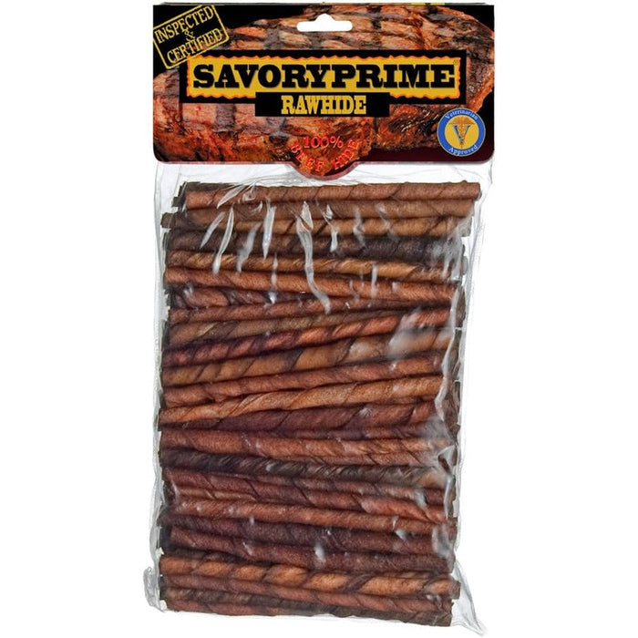 Savory Prime 100-Pack Basted Twist Sticks 5-Inch Brown All Natural Beef Hide Rawhide Dental Dog Treats