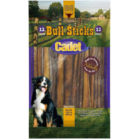 Cadet Gourmet Bull Sticks Twelve Pack Premium Grass Fed All Natural Beef Dog Chew Treats Twenty One Ounce