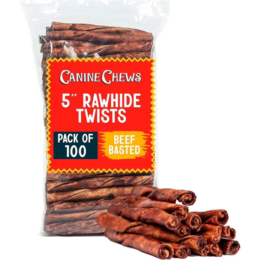 Canine Chews Small Rawhide Twists For Dogs 100 Pack 5 Inch Beef Flavored Natural Rawhide Sticks For Small Dogs And Puppies