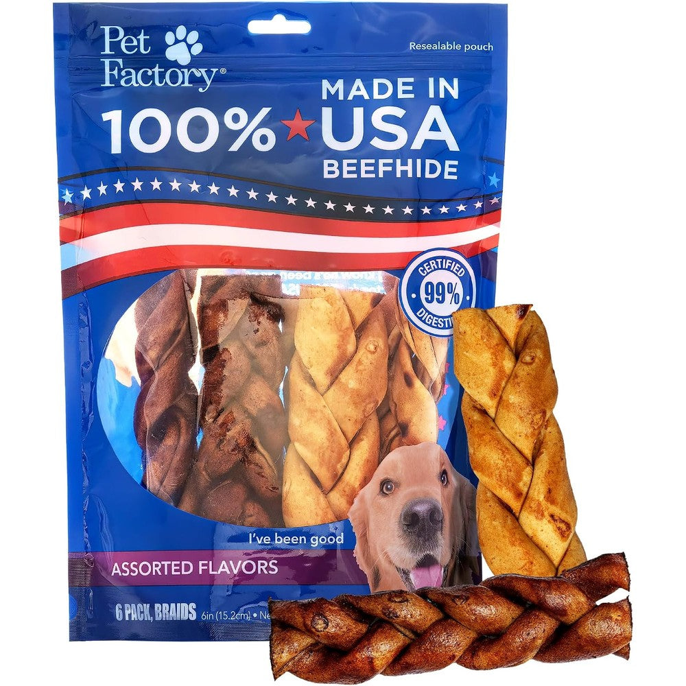 Pet Factory 100% USA Made Natural Beefhide Dog Chew Sticks Braided Rawhide Bones With Beef And Chicken Flavors Six Inches Pack Of Six