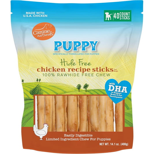 Canine Naturals Puppy Chicken And Rice Chew Rawhide Free Dog Treats Made With USA Chicken And DHA For Brain Development 40 Pack Of 5 Inch Sticks