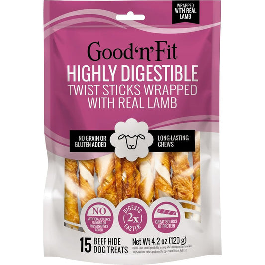 Good 'n' Fit Twist Sticks Made With Real Lamb 15 Count Long Lasting Highly Digestible Rawhide Dog Treats USA Imported