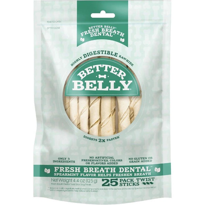 Better Belly Fresh Breath Dental Twist Sticks Highly Digestible Rawhide Dog Chews 25 Count