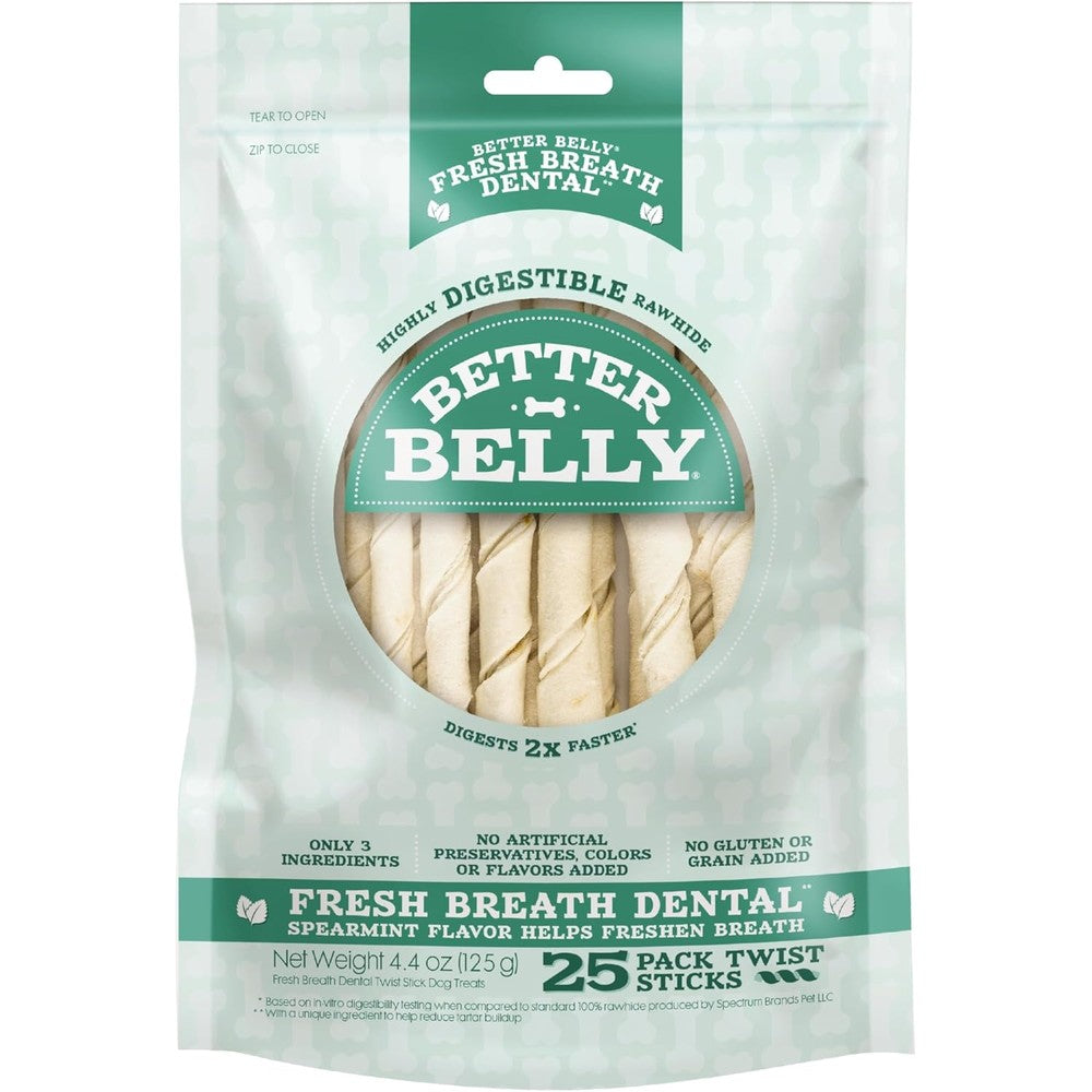Better Belly Fresh Breath Dental Twist Sticks Highly Digestible Rawhide Dog Chews 25 Count