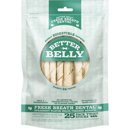 Better Belly Fresh Breath Dental Twist Sticks Highly Digestible Rawhide Dog Chews 25 Count