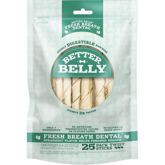 Better Belly Fresh Breath Dental Twist Sticks Highly Digestible Rawhide Dog Chews 25 Count