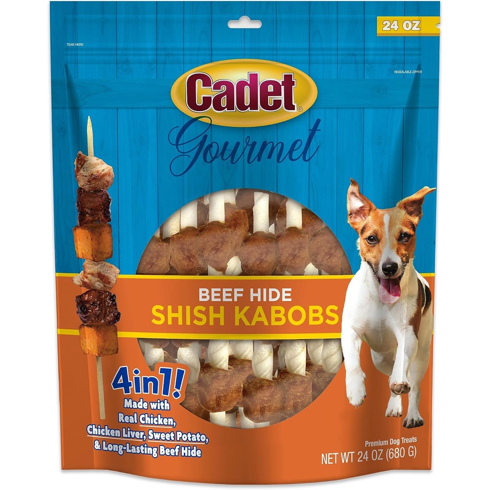 Cadet Gourmet Shish Kabob Dog Chews With Chicken Duck And Sweet Potato Wrapped Beef Hide 5 Inch Sticks 24 Ounce