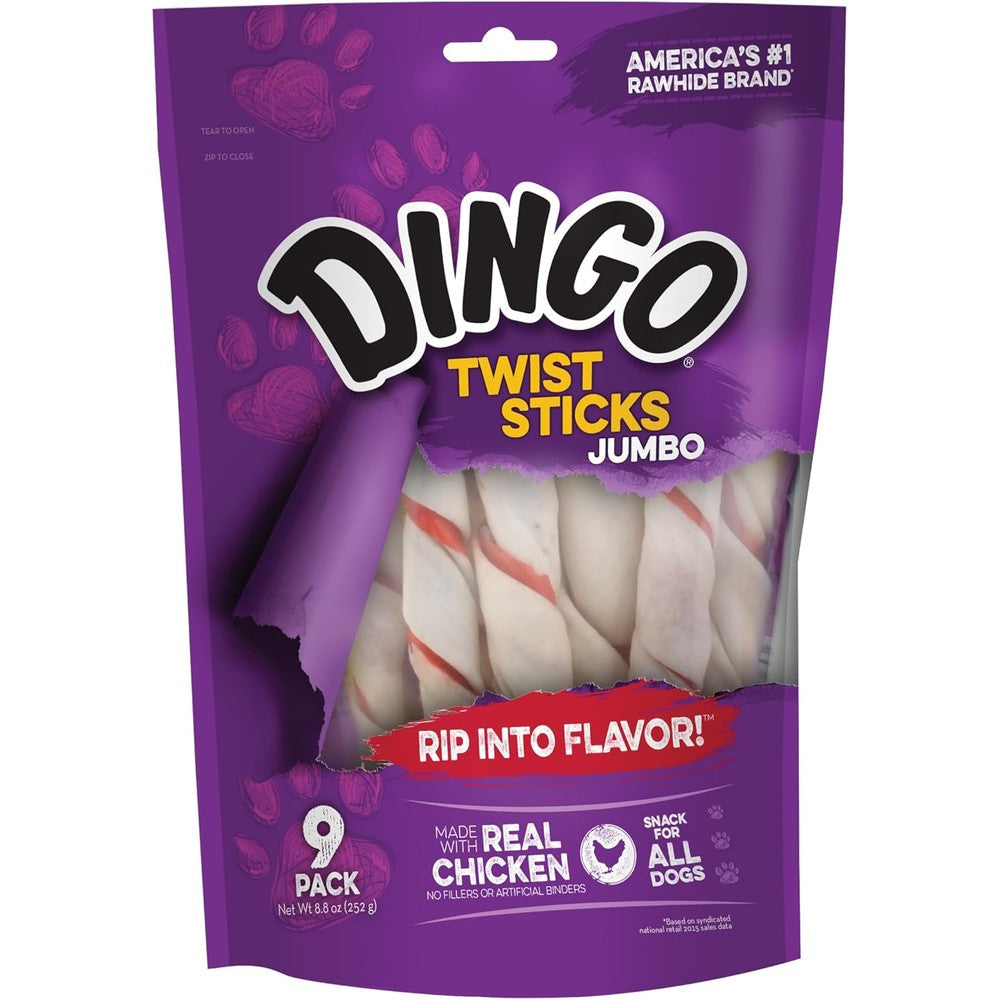 Dingo Jumbo Twist Sticks Rawhide Dog Chews Made With Real Chicken Flavor For Large Dogs 9 Count