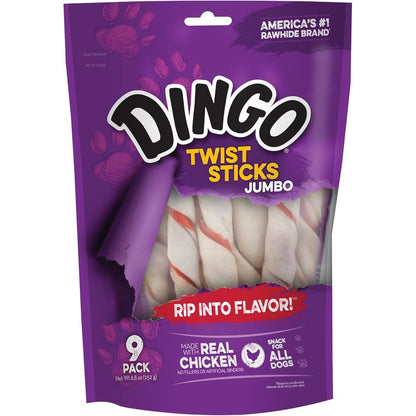 Dingo Jumbo Twist Sticks Rawhide Dog Chews Made With Real Chicken Flavor For Large Dogs 9 Count