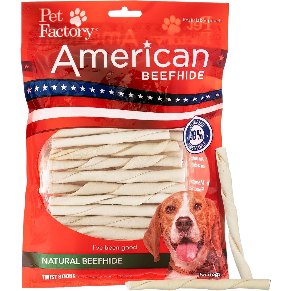 Pet Factory American Beefhide 5 Inch Twist Sticks Natural Rawhide Dental Chews For Small To Medium Dogs 1 Pound Pack