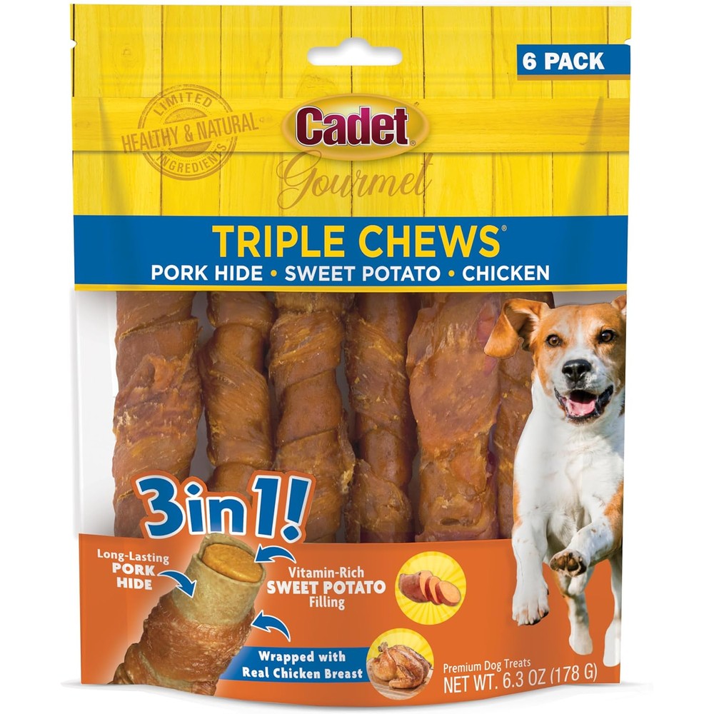 Cadet Gourmet Triple Chews Long Lasting Pork Hide Sticks With Sweet Potato And Chicken Dog Treats For Small And Large Dogs 6 Count