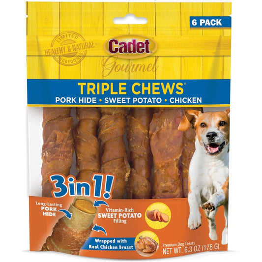 Cadet Gourmet Triple Chews Long Lasting Pork Hide Sticks With Sweet Potato And Chicken Dog Treats For Small And Large Dogs 6 Count
