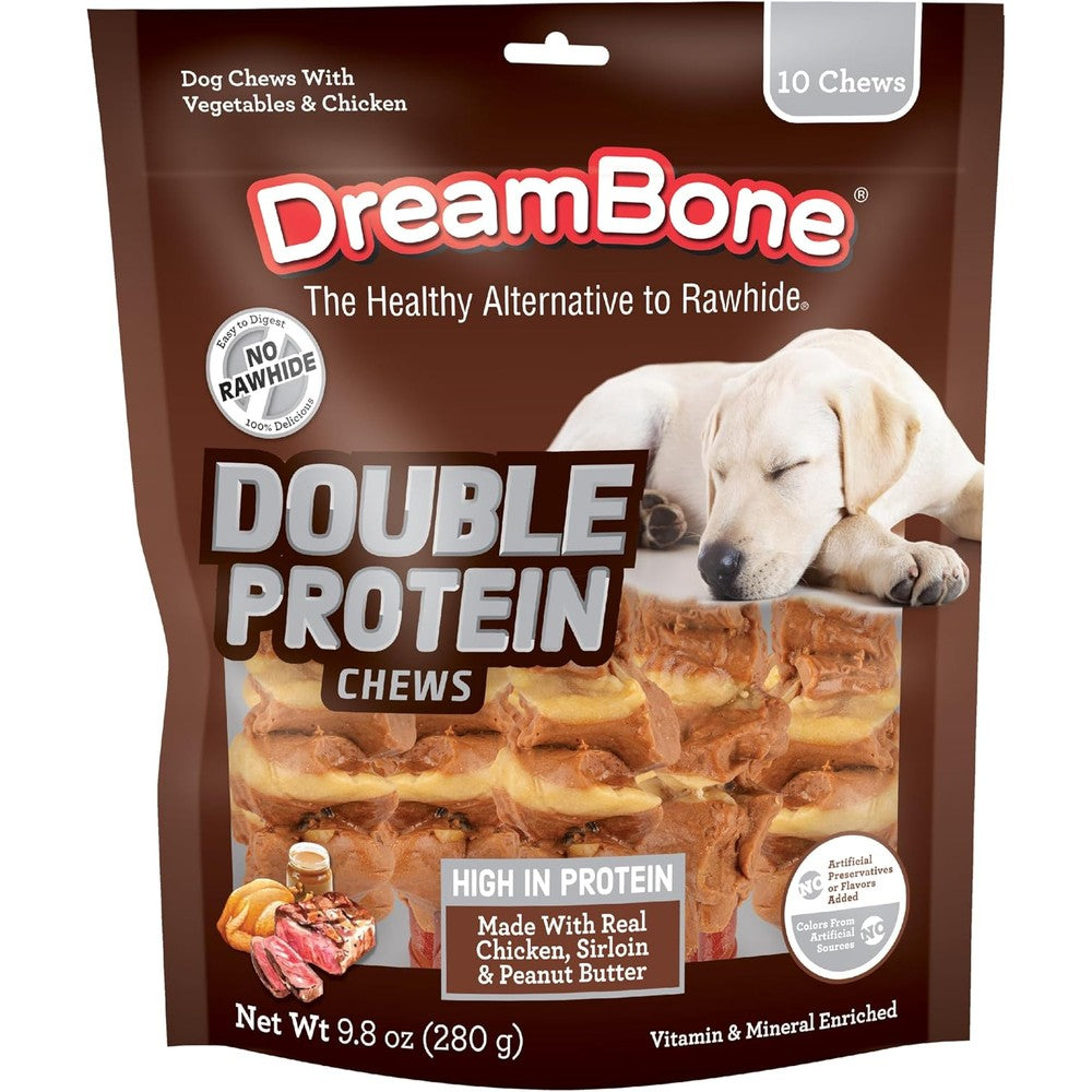 DreamBone Double Protein Chews Made With Real Chicken, Sirloin And Peanut Butter, 10 Count, Rawhide-Free Dog Chews, 9.80 Ounce