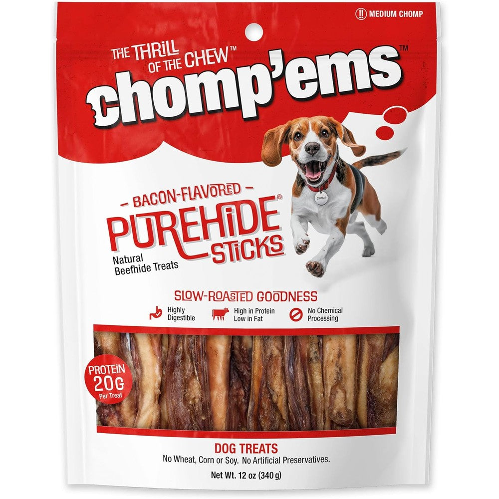 Chomp'ems Purehide Sticks Healthy Natural Rawhide Dog Chew Bacon Flavor 12 Ounce