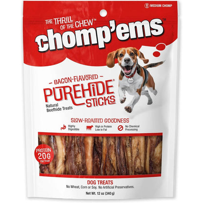 Chomp'ems Purehide Sticks Healthy Natural Rawhide Dog Chew Bacon Flavor 12 Ounce