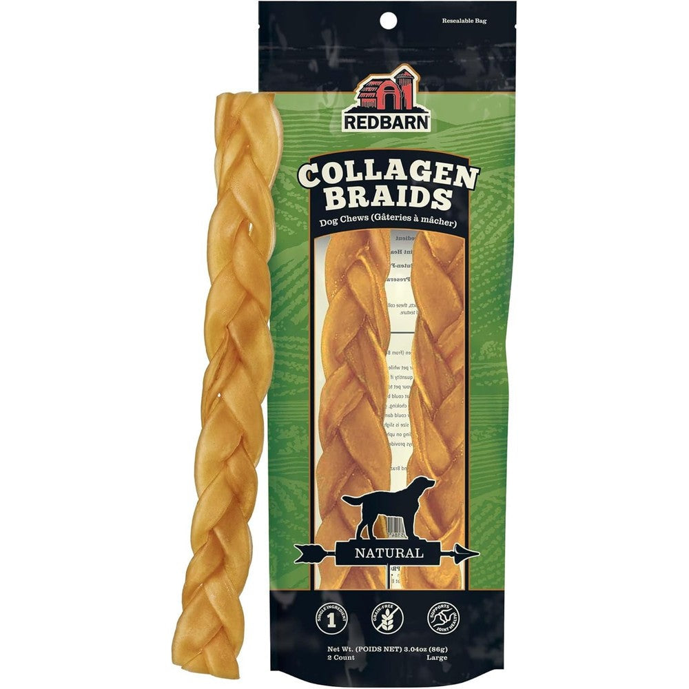 Redbarn Natural Large 12 Inch Beef Collagen Braids For Dogs 2 Pack Long Lasting Low Odor Single Ingredient Grain Free Chew