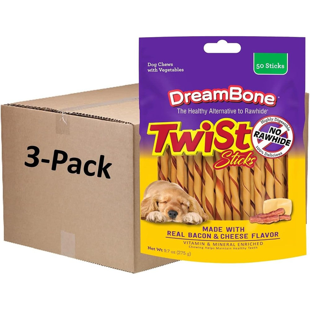DreamBone Twist Sticks With Real Bacon And Cheese Flavor Rawhide-Free Dog Chews 50 Count Pack Of 3 Total 150 Sticks