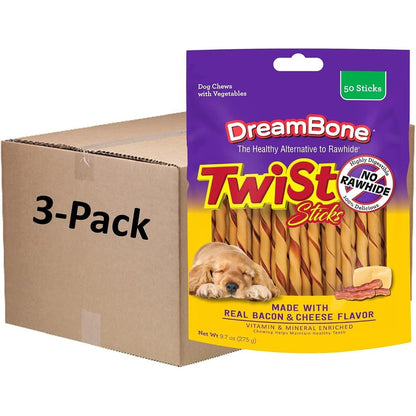 DreamBone Twist Sticks With Real Bacon And Cheese Flavor Rawhide-Free Dog Chews 50 Count Pack Of 3 Total 150 Sticks