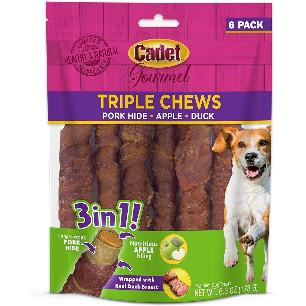 Cadet Gourmet Triple Chews Long-Lasting Pork Hide Sticks With Apple And Duck Healthy Dog Treats For Small And Large Dogs 6 Count