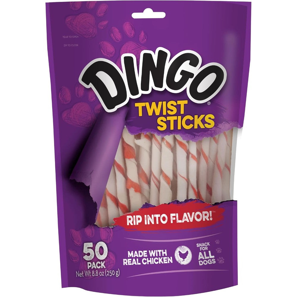 Dingo Twist Sticks Premium Rawhide Treats For Dogs Made With Real Chicken 50 Count