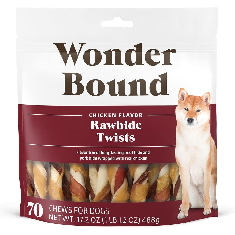 Amazon Brand Wonder Bound Chicken Flavor Dog Rawhide Twist Sticks, 70 Count, 1.08 Pound Pack Of 1, Authentic USA Imported Dog Treats