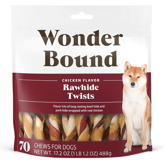 Amazon Brand Wonder Bound Chicken Flavor Dog Rawhide Twist Sticks, 70 Count, 1.08 Pound Pack Of 1, Authentic USA Imported Dog Treats