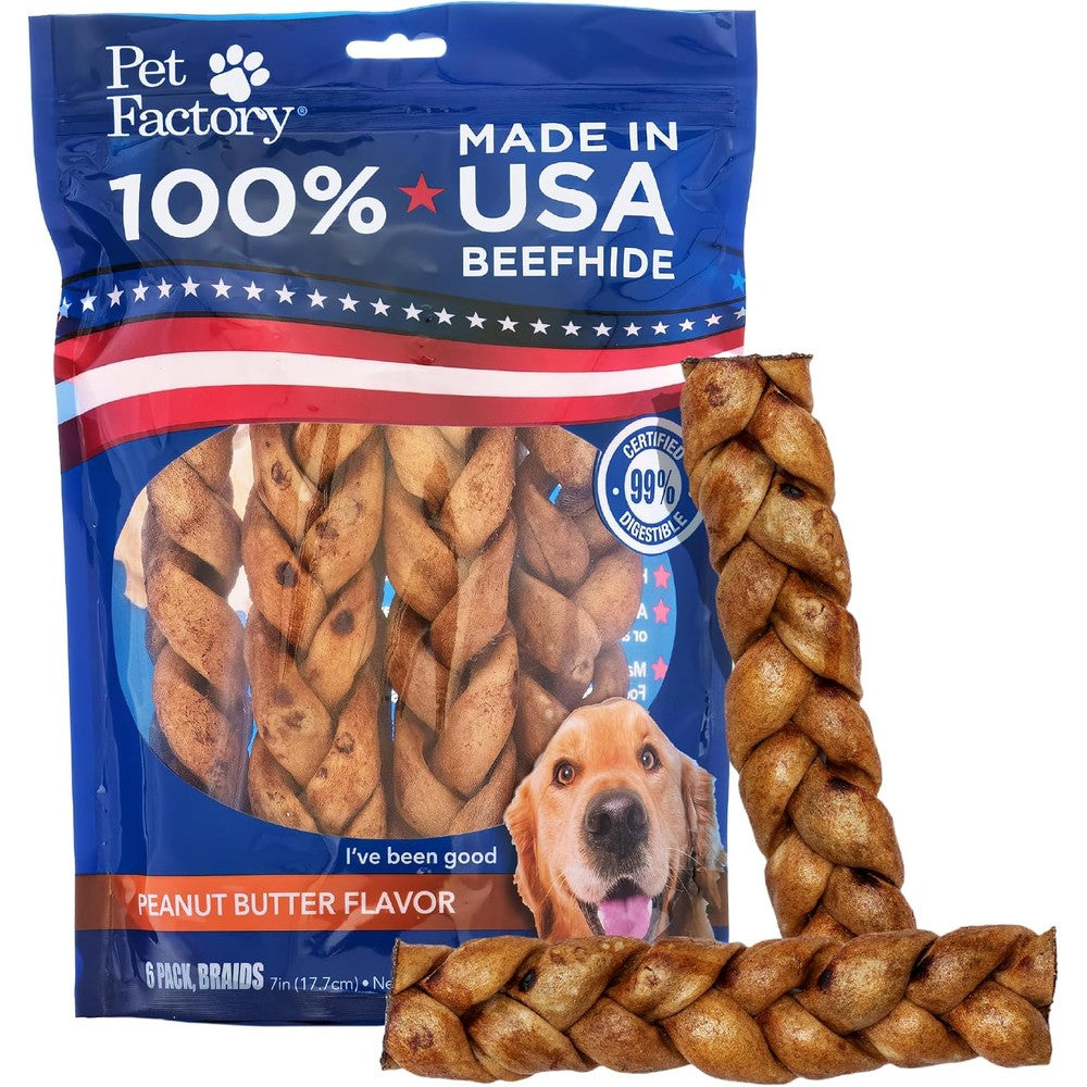 Pet Factory Braided Beefhide Dog Chew Sticks With Peanut Butter Flavor Sourced From American Cattle For Medium Dogs Seven Inches Pack Of Six