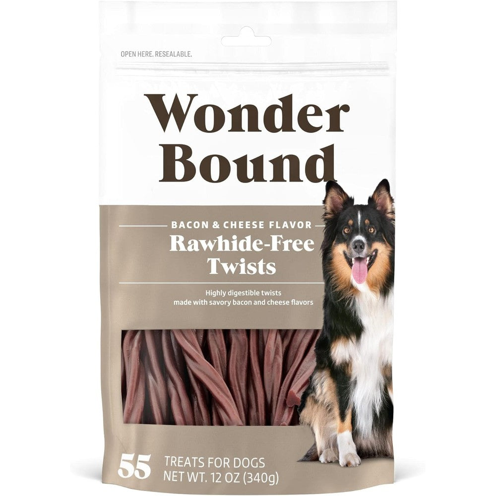 Wonder Bound Bacon And Cheese Flavor Dog Twist Sticks 55 Count Rawhide Free Dental Chews For Tartar Control And Easy Digestion