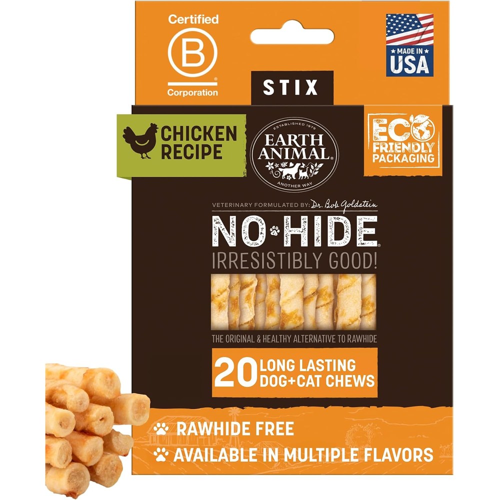 Earth Animal No Hide Stix Long Lasting Rawhide Free Small Dog And Cat Chews Chicken Recipe 20 Count Value Pack