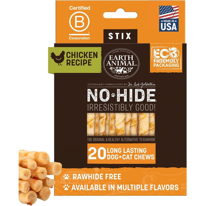 Earth Animal No Hide Stix Long Lasting Rawhide Free Small Dog And Cat Chews Chicken Recipe 20 Count Value Pack