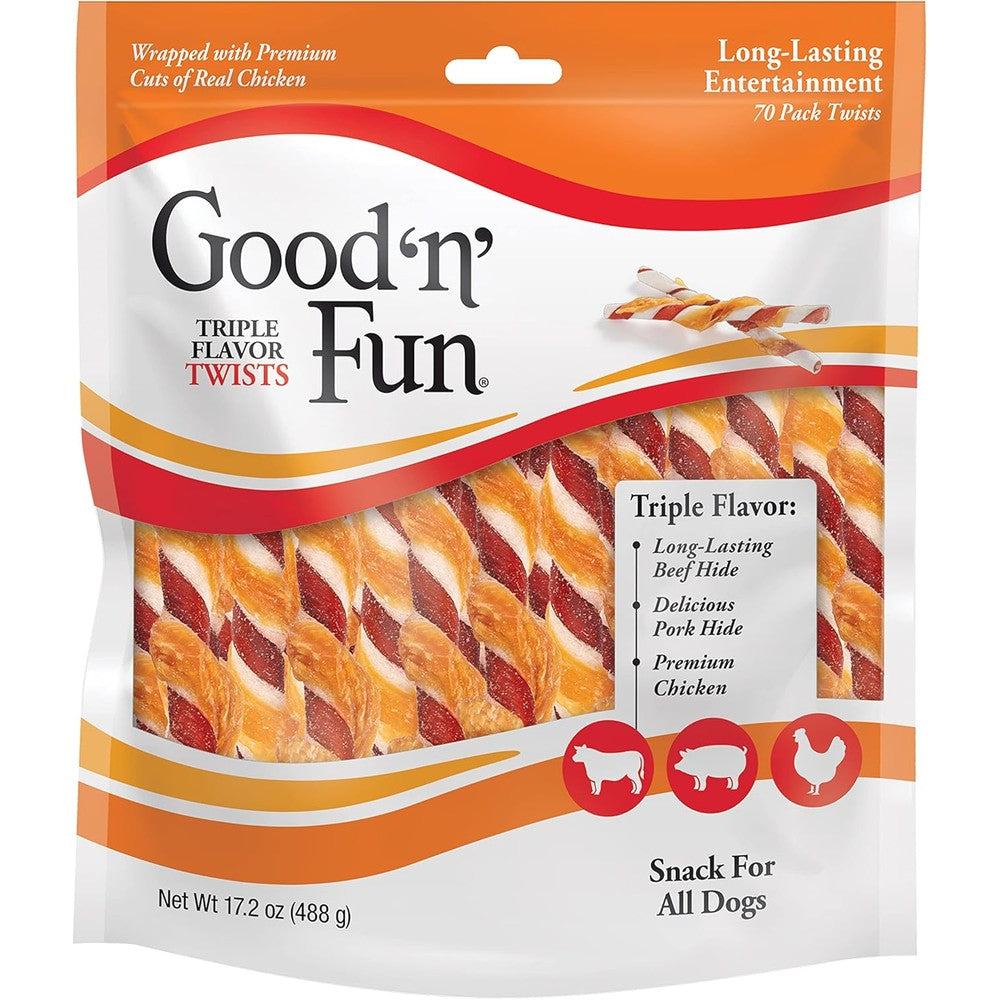 Good 'n' Fun Triple Flavor Twists Long-Lasting Dog Chews With Real Chicken Beef Hide And Pork Hide For All Dogs 70 Count Bag