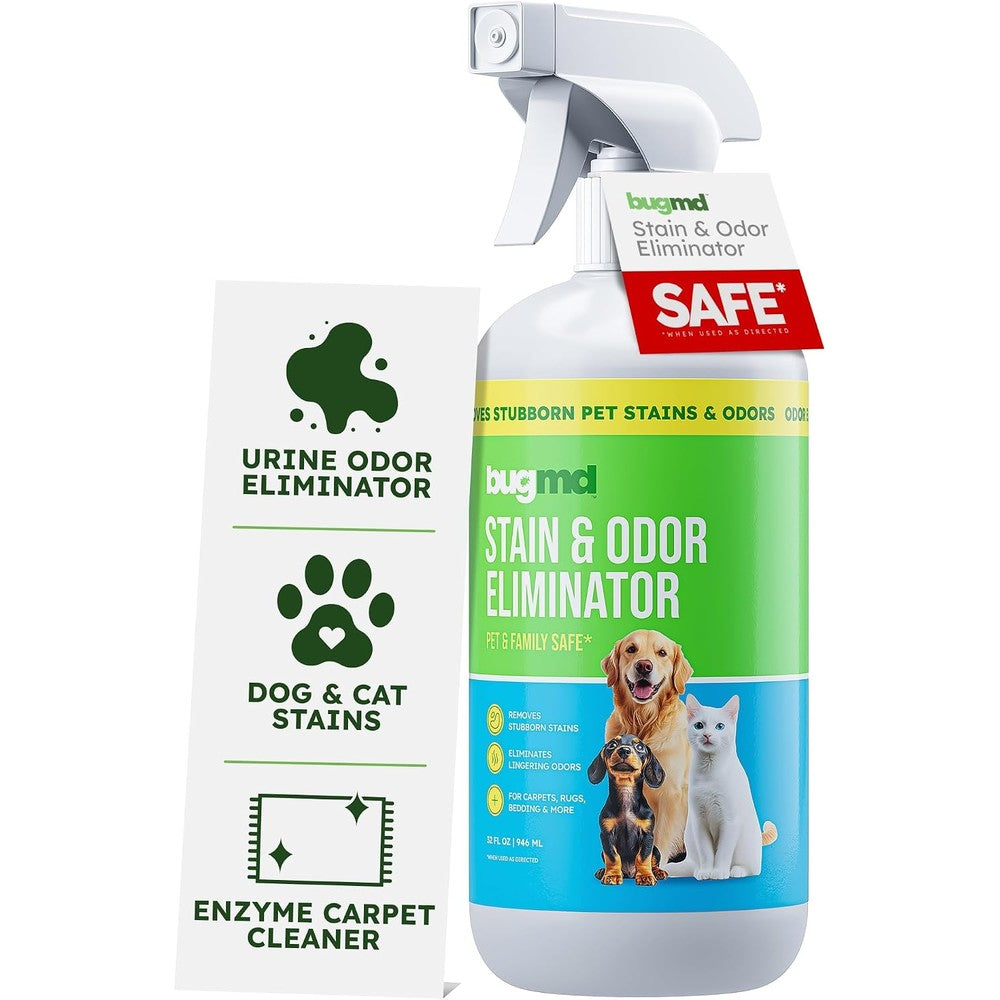 BugMD Enzyme Cleaner For Dog And Cat Urine Pet Stain And Odor Remover For Carpet And Home Unscented Urine Destroyer Spray 32 Ounce