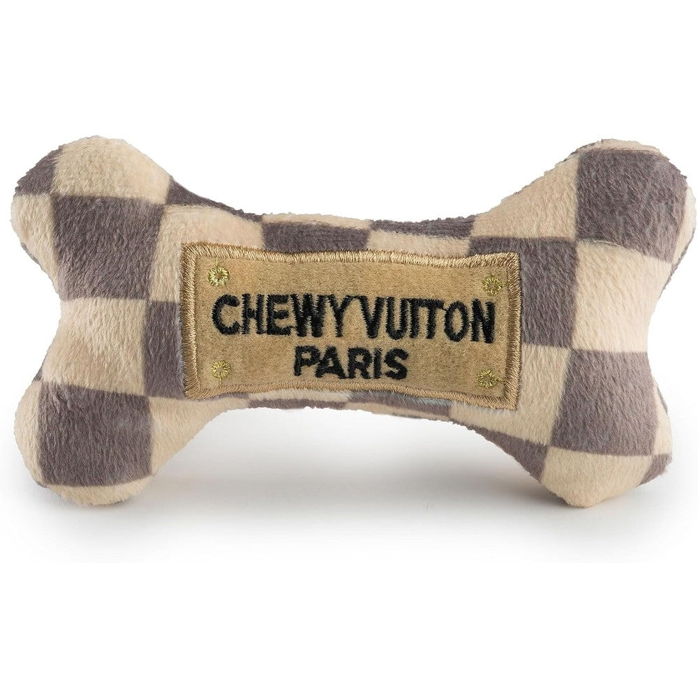 Haute Diggity Dog Chewy Vuiton Checker Bone Plush Squeaky Dog Toy Designer Parody Soft Stuffed Puppy Chew Toy Tan Checker Small