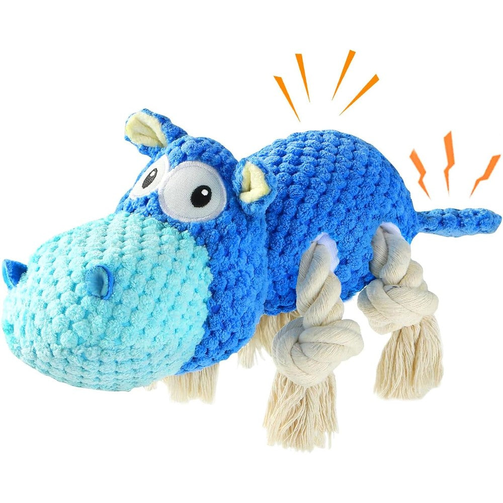 TOOPTATE Dog Toys for Aggressive Chewers Squeaky Plush Hippo Dog Toy for Medium and Large Dogs Blue Medium Size