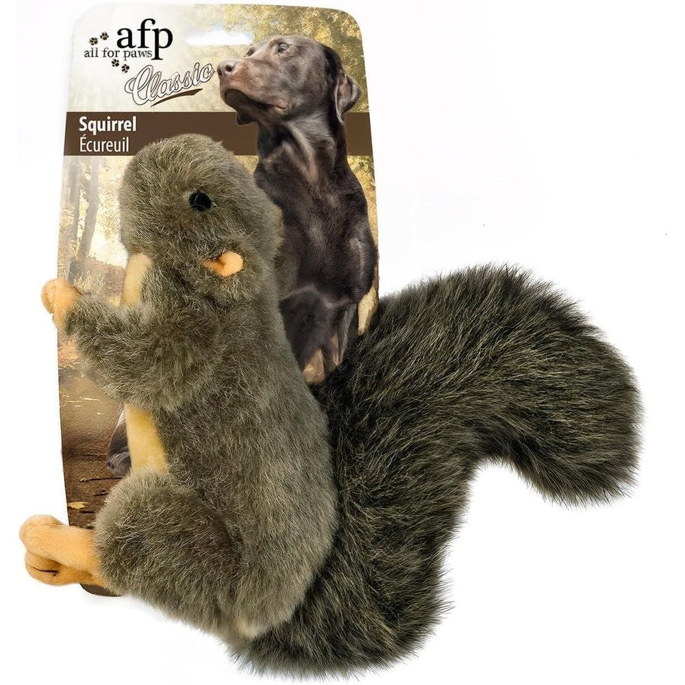 All For Paws Classic Squirrel Plush Squeaky Dog Toy Grey and Brown Faux Fur Plaything For Puppies And Small Breeds Small Size