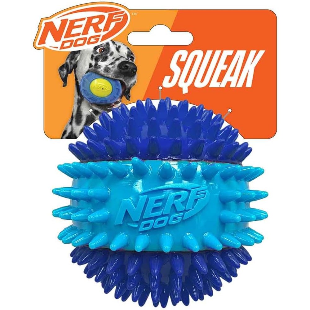 Nerf Dog 3.7 Inch TPR 3-Part Spike Squeak Ball Dog Toy For Medium And Large Breeds Dark Blue and Light Blue