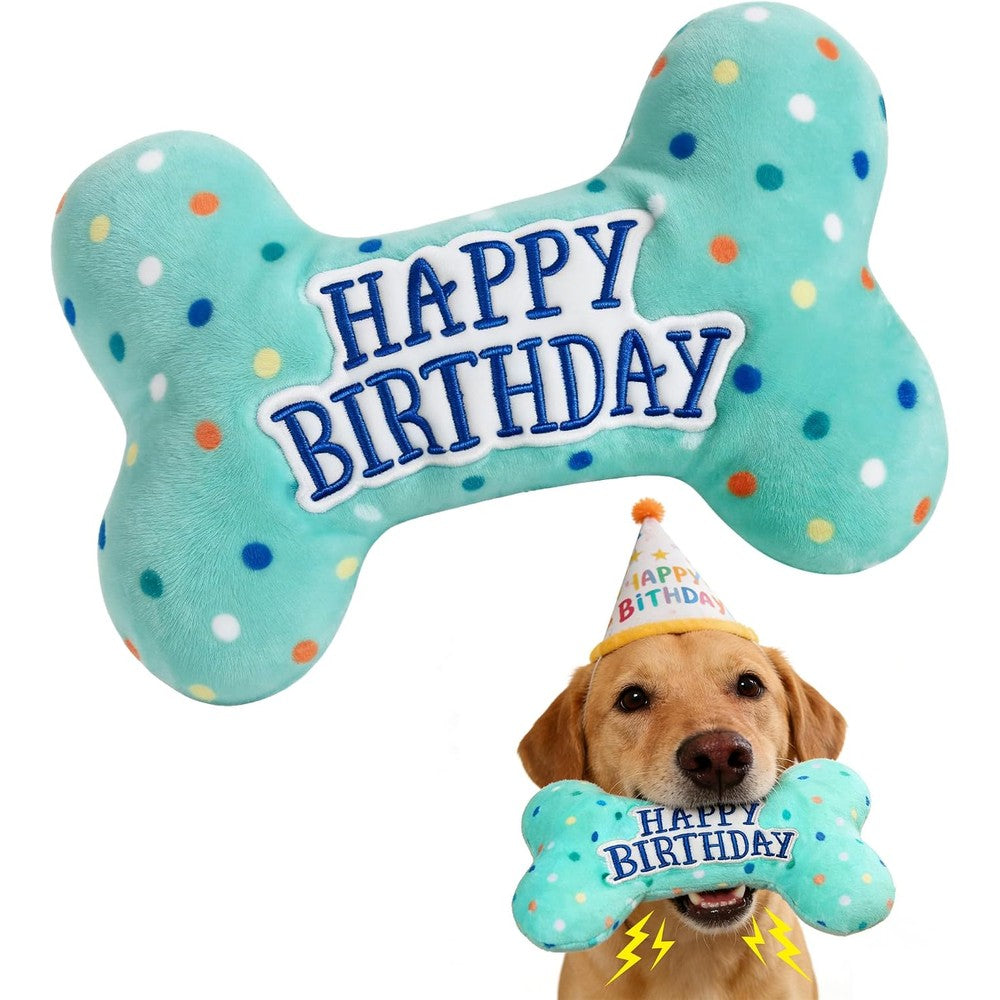 PrimePets Dog Birthday Toy Plush Squeaky Bone Shape Crinkle Toy For Small Medium Large Dogs Multicolor Polka Dot