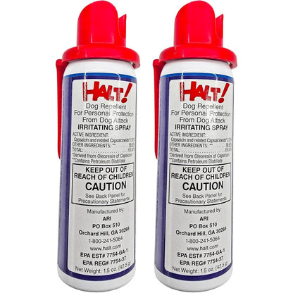 Halt Dog Repellant Spray Two Pack Authentic USA Made Personal Protection Pepper Spray 1.5 Fluid Ounce Canisters