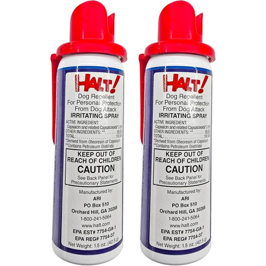 Halt Dog Repellant Spray Two Pack Authentic USA Made Personal Protection Pepper Spray 1.5 Fluid Ounce Canisters