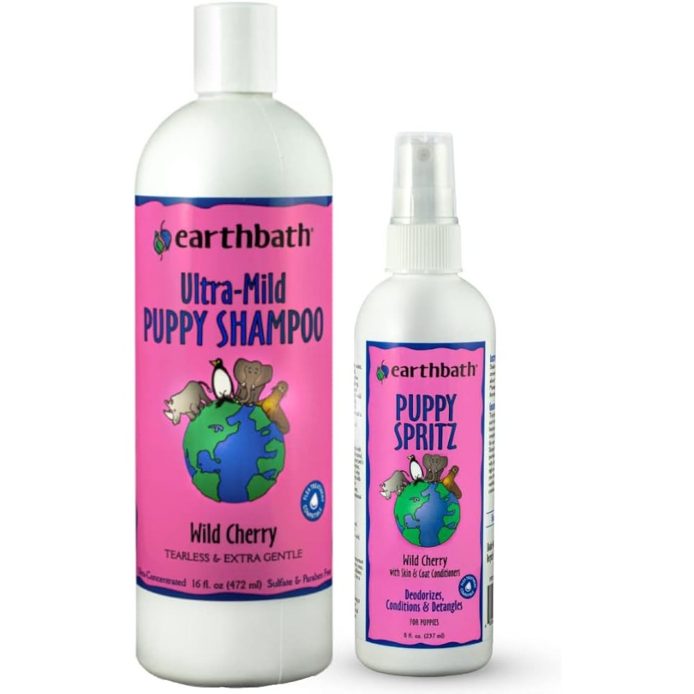Earthbath Ultra-Mild Wild Cherry Puppy Shampoo And Spritz Bundle, Tearless Dog Wash Set, 16 Fluid Ounce And 8 Fluid Ounce