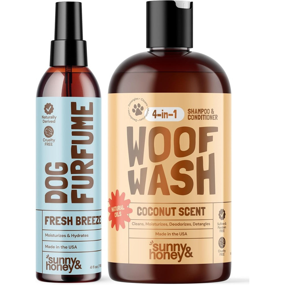 Sunny And Honey 4 In 1 Dog Shampoo And Conditioner With Long Lasting Perfume Mist 16 Fluid Ounce Wash And 8 Fluid Ounce Spray For Pet Grooming