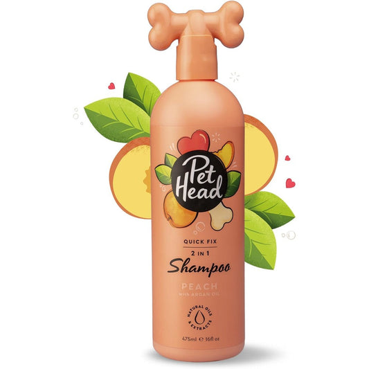 Pet Head Quick Fix 2 In 1 Dog Shampoo And Conditioner Peach Scent For Smelly Dogs Nourishing Vegan Formula 16 Fluid Ounces
