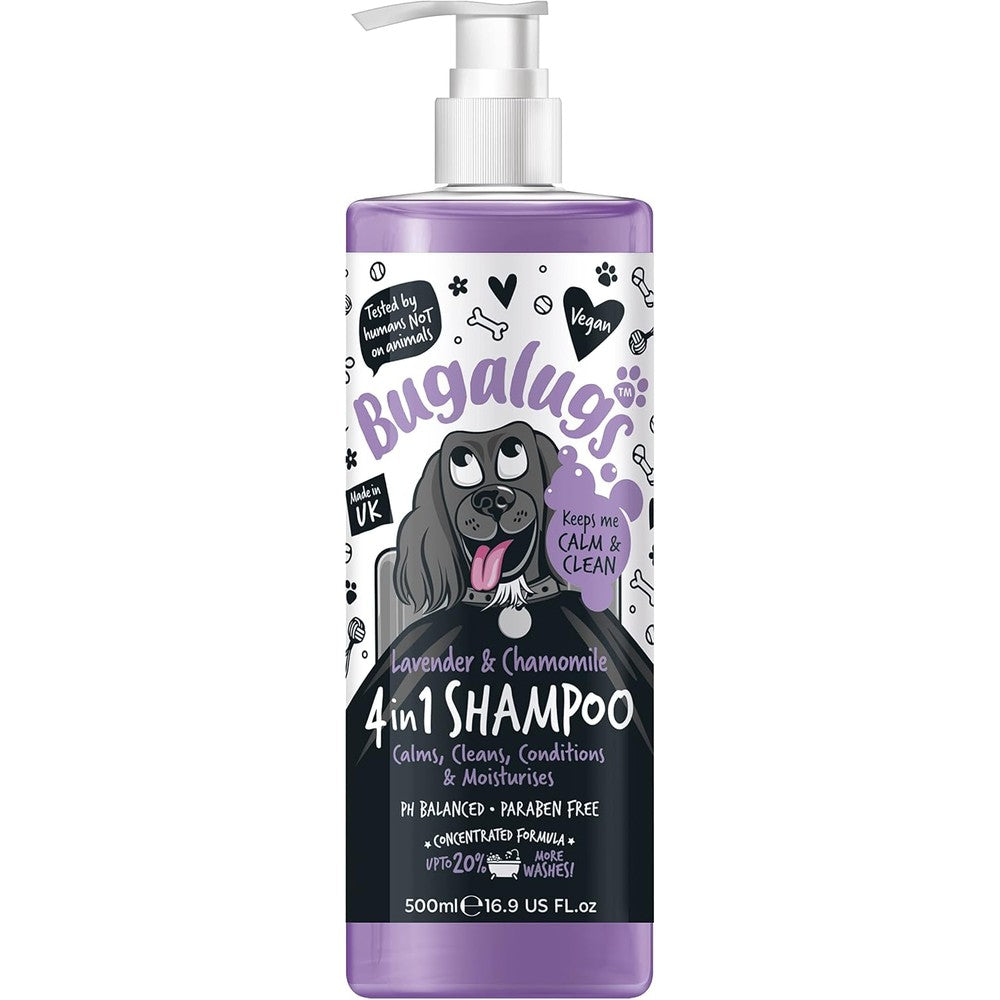 Bugalugs 4 in 1 Dog Shampoo And Conditioner Lavender And Chamomile Scent For Smelly Dogs And Puppies Professional Grooming 500 Milliliters