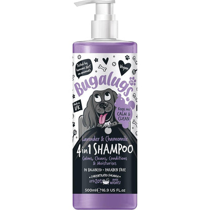 Bugalugs 4 in 1 Dog Shampoo And Conditioner Lavender And Chamomile Scent For Smelly Dogs And Puppies Professional Grooming 500 Milliliters