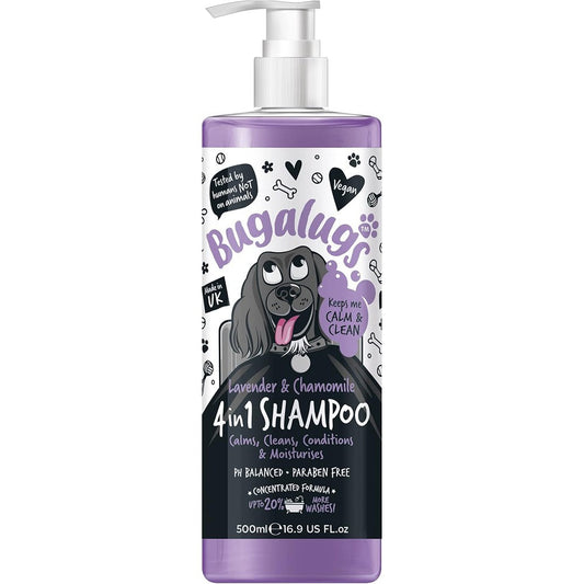 Bugalugs 4 in 1 Dog Shampoo And Conditioner Lavender And Chamomile Scent For Smelly Dogs And Puppies Professional Grooming 500 Milliliters