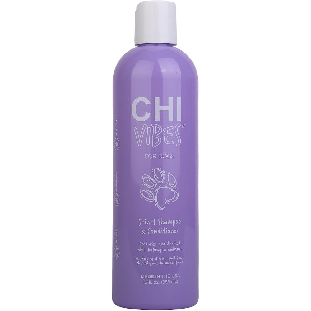 CHI Vibes For Dogs 5 In 1 Shampoo And Conditioner Cleans Deodorizes Moisturizes Detangles And Helps De Shed Vegan Formula 12 Fluid Ounces