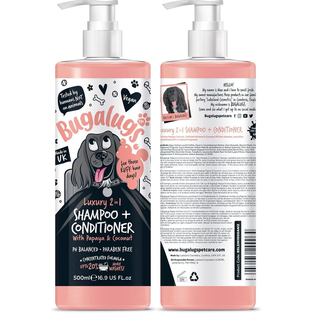 Bugalugs Luxury 2 In 1 Papaya And Coconut Dog Shampoo And Conditioner For Smelly Dogs Vegan Pet Grooming Formula 500ml