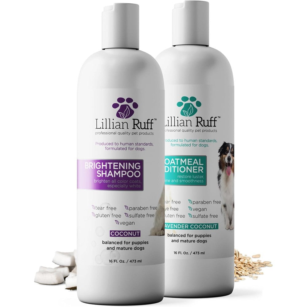 Lillian Ruff Brightening Shampoo And Oatmeal Conditioner Set For Dogs And Cats With Coconut And Aloe Vera For Sensitive Skin 16 Fluid Ounces